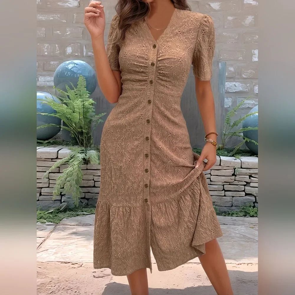 Eyelet Embroidered Midi Brown Button-Down Fitted Ruched Dress